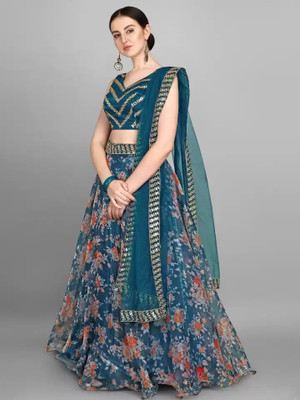 LADALI Digital Print Semi Stitched Lehenga Choli(Blue)