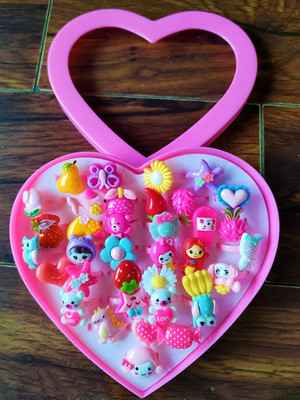 DIVINE 36 pair of finger rings for Kids Girls pink heart shape box. Multi color Plastic Ring
