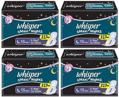 Whisper Maxi Nights XL With Wings XL - 15+15+15+15 Counts Sanitary Pad(Pack of 4)