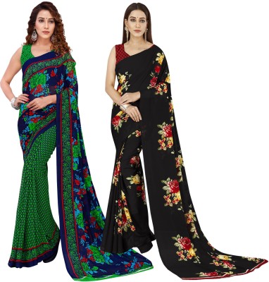 kashvi sarees Floral Print Bollywood Georgette Saree(Pack of 2, Green, Blue, Black)