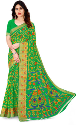 estrella fashion Floral Print Bollywood Cotton Linen Saree(Green)