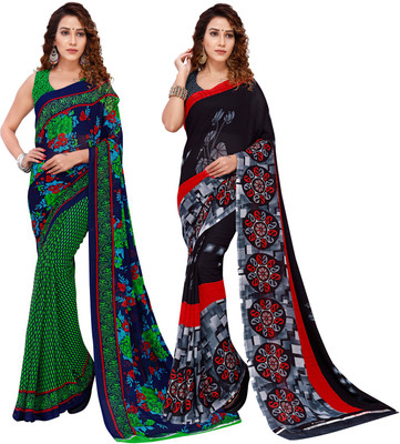 Anand Sarees Floral Print Bollywood Georgette Saree(Pack of 2, Green, Blue, Black)