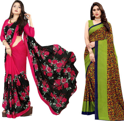 Priyashi Printed Daily Wear Georgette Saree(Pack of 2, Light Green)