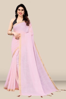 Kandara Striped Daily Wear Cotton Blend Saree(Pink)