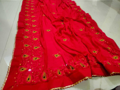 JMD Ent Embroidered Handloom Crepe Saree(Red)