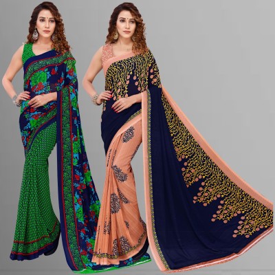 Anand Sarees Floral Print Bollywood Georgette Saree(Pack of 2, Green, Blue, Beige)