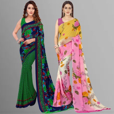 Anand Sarees Floral Print Bollywood Georgette Saree(Pack of 2, Green, Blue, Pink)