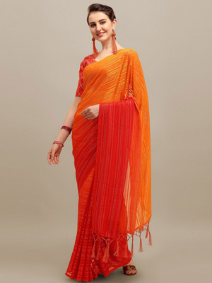 PMD Fashion Striped Bollywood Georgette Saree(Red)
