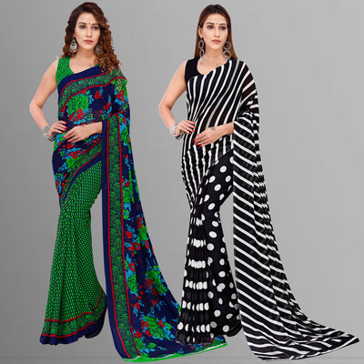 Anand Sarees Floral Print Bollywood Georgette Saree(Pack of 2, Green, Blue, Black)