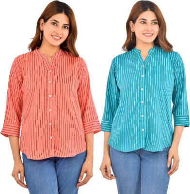 FABISHO Women Striped Casual Pink, Light Green Shirt(Pack of 2)