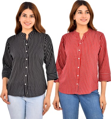 FABISHO Women Striped Formal Maroon, Black Shirt(Pack of 2)