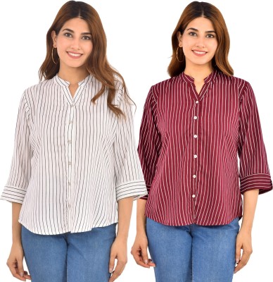 FABISHO Women Striped Formal White, Maroon Shirt(Pack of 2)