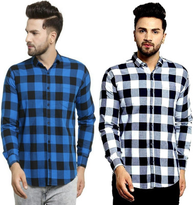 REHAN Men Checkered Casual White, Blue Shirt(Pack of 2)