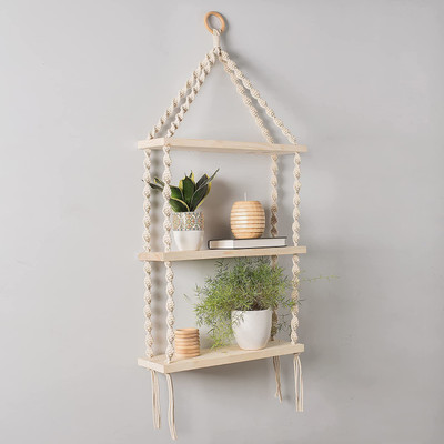 RAKANO Macrame Wall Hanging 3-Tier Floating Shelves Natural Pine with Wooden(OFF WHITE)