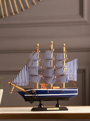 Exim Decor Wooden 7.5 inches Navy Blue with Striped Mast Sailing Ship Showpiece Decorative Showpiece  -  19.1 cm(Wood, Brown)