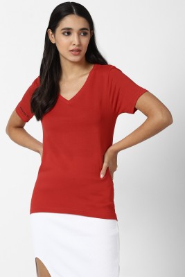 FOREVER 21 Solid Women V Neck Red T-Shirt