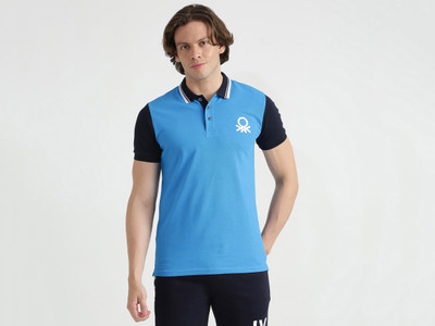 United Colors of Benetton Colorblock Men Polo Neck Blue T-Shirt