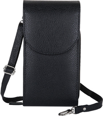Essart Essart Faux Leather dotted print Travel Sling pouch 17cm x 10cm x 3cm with magnetic closure with long adjusble string - AA-2118-Black(Black)