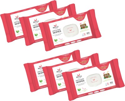 MYLO Gentle Baby Wipes, Soft Cleansing Baby Wipes with Coconut Oil, 98% Pure Water & Aloe Vera, 0% Alcohol, Parabens and Soap Free, Ideal For Your Baby’s Everyday Skin Care Routine, with lid (80 Pieces, Pack of 6), Comes with a Seal Lid(6 Wipes)