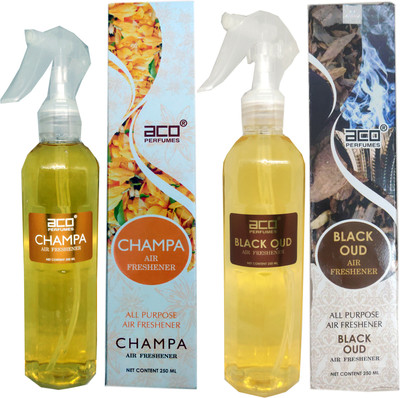 aco Champa and Black oud Trigger room freshner 500ml 2pc combo set . Spray Champa and Black oud Trigger room freshner 500ml 2pc combo set .(2 x 250 ml)