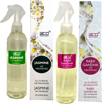 aco Rajnigandha and Jasmine Trigger room freshner 500ml 2pc combo set . Spray Rajnigandha and Jasmine Trigger room freshner 500ml 2pc combo set .(2 x 250 ml)