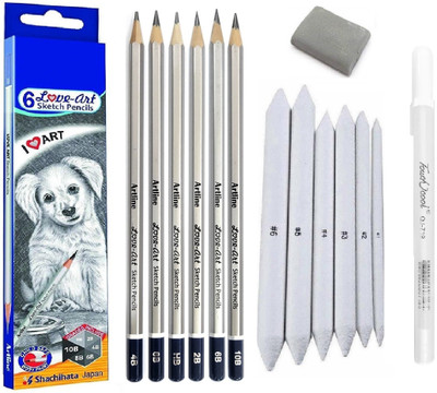 Definite Artline 6pc Sketch Pencil, 6pc Blending Stumps, 1 X White Pen & Kneadable Eraser