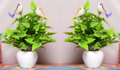 S-Biv Set of 2 Green Flowers Plants With 4 Birds And Pot Bonsai Wild Artificial Plant  with Pot(22 cm, Multicolor)