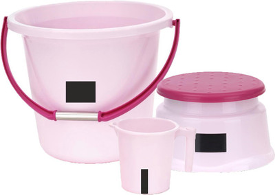 N H Enterprise New Standard Plastic Plain Design Bucket (16 L) & Stool & Mug (1 L) ( Peach ) 16 L Plastic Bucket