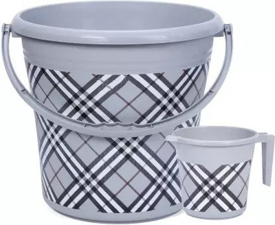 PRAGATI SALES New Plastic Scottich Checks Print Bucket Set (16 L) with Mug (1 L) ( Grey ) 16 L Plastic Bucket