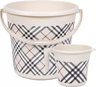 PRAGATI SALES New Plastic Scottich Checks Print Bucket Set (16 L) with Mug (1 L) ( Beige ) 16 L Plastic Bucket