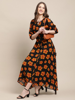 Fabflee Women A-line Black Midi/Calf Length Dress
