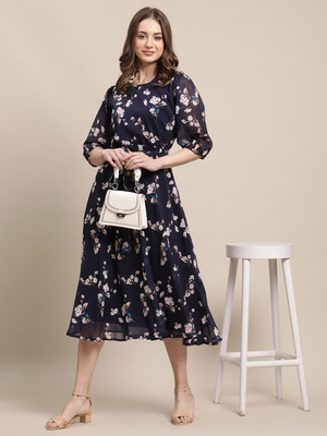 Fabflee Women A-line Dark Blue Midi/Calf Length Dress