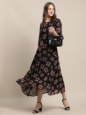 Fabflee Women A-line Black Midi/Calf Length Dress