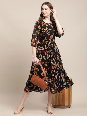 Fabflee Women A-line Black Midi/Calf Length Dress