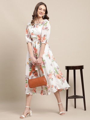 Fabflee Women A-line White Midi/Calf Length Dress