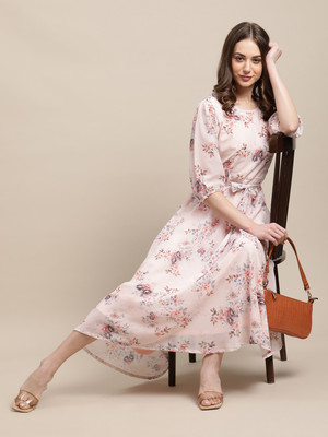 Fabflee Women A-line Beige Midi/Calf Length Dress