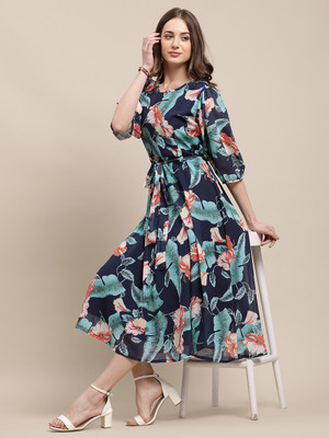 Fabflee Women A-line Blue Midi/Calf Length Dress