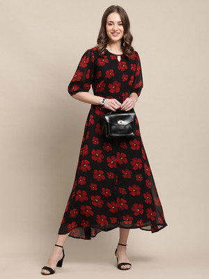 Fabflee Women A-line Black Midi/Calf Length Dress