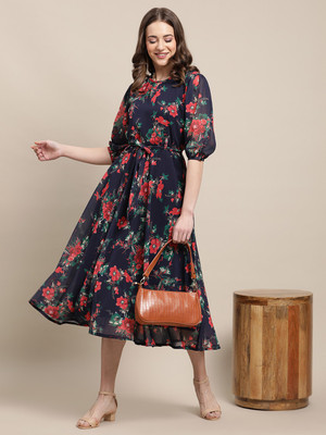 Fabflee Women A-line Dark Blue Midi/Calf Length Dress