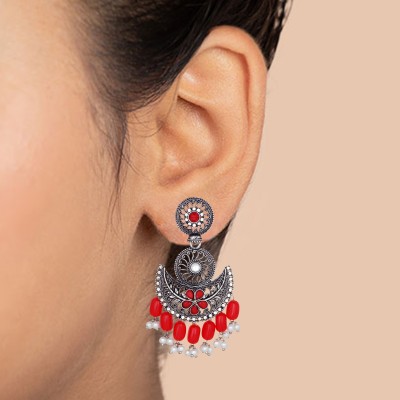 Atasi International Oxidised Ruby Red Pearl Crystal Alloy Earring Set