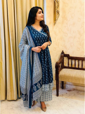 Rekha Tex Fab Women Printed Anarkali Kurta(Dark Blue)