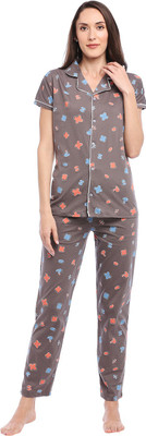 DZZO Women Printed Grey Shirt & Pyjama set