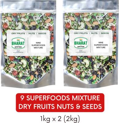 Bharat Super Foods Premium Dry Fruits, Nuts & Seeds Mix 2kg (Super Healthy 9 in 1 Mixture) - 100% Natural - 2 Packs of 1kg each - 2kg Assorted Seeds & Nuts