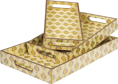 Miah Decor Morrocon Yellow & Gold Rectangle Wooden Handcrafted Pinewood Trays-(Set Of 3 ) Tray(Pack of 3)