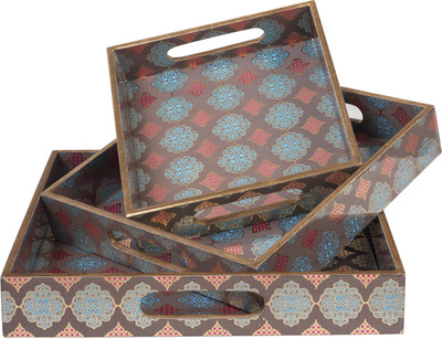 Miah Decor Morrocon Grey & Gold Square Wooden Handcrafted Pinewood Trays-(Set Of 3 ) Tray(Pack of 3)