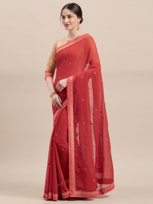 Hritika Embroidered Banarasi Chiffon Saree(Red)