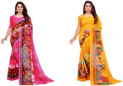 Suntex Floral Print Daily Wear Georgette Saree(Pack of 2, Pink, Yellow)