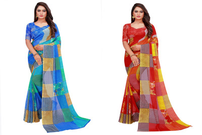 Divastri Floral Print Daily Wear Georgette Saree(Pack of 2, Multicolor)