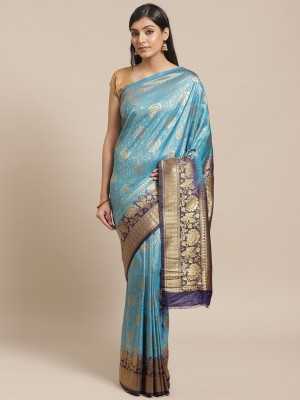 Hritika Woven Banarasi Silk Blend Saree(Dark Blue, Blue)