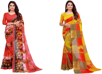 Divastri Floral Print Daily Wear Georgette Saree(Pack of 2, Multicolor)